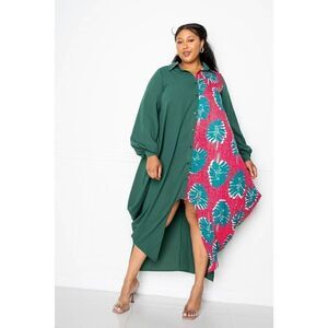 Plus Size Print Drapy Shirt Maxi Dress‎